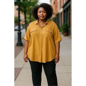 Davi & Dani Women's 3XL Gold Button-Up Shirt Short Sleeve Relaxed Fit